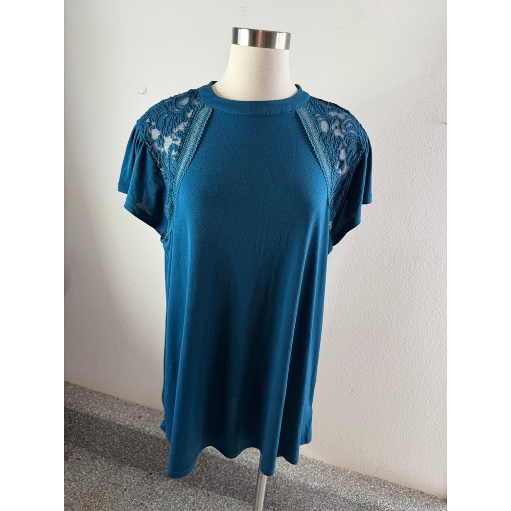 Torrid Womens Plus 2X Teal Lace Crochet Shoulder Keyhole Back Blouse Tunic Top